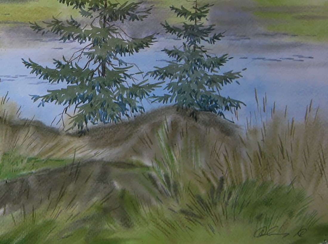 Watercolor painting Green coast river Valery Savenets - 2