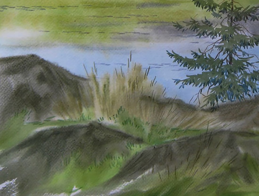 Watercolor painting Green coast river Valery Savenets - 3