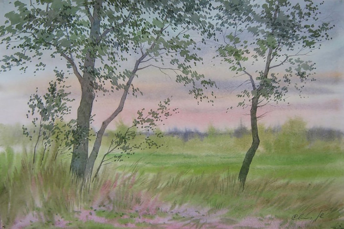 Watercolor painting Pink sunset in the field Valery Savenets (1 of 6)