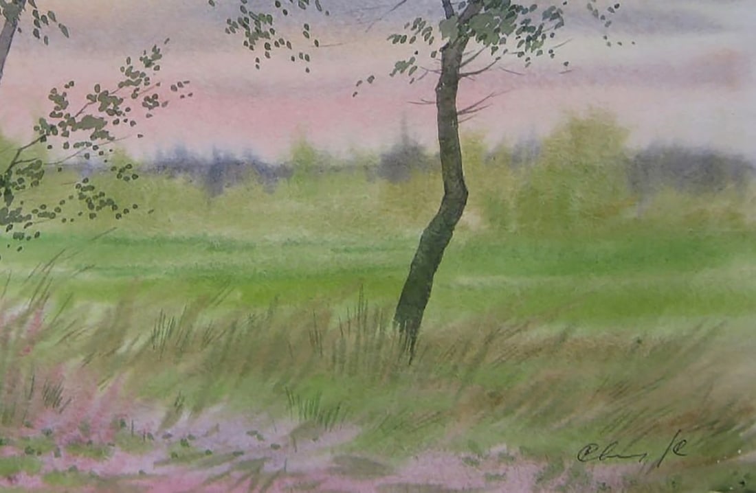 Watercolor painting Pink sunset in the field Valery Savenets - 2