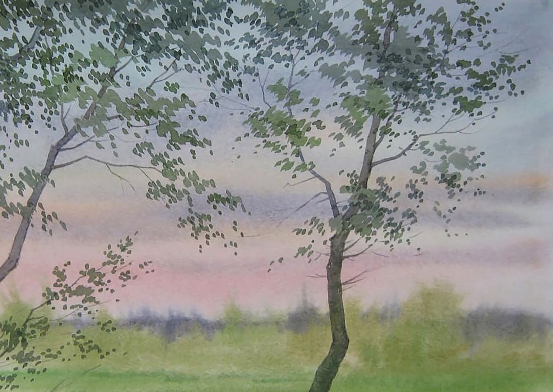 Watercolor painting Pink sunset in the field Valery Savenets - 5