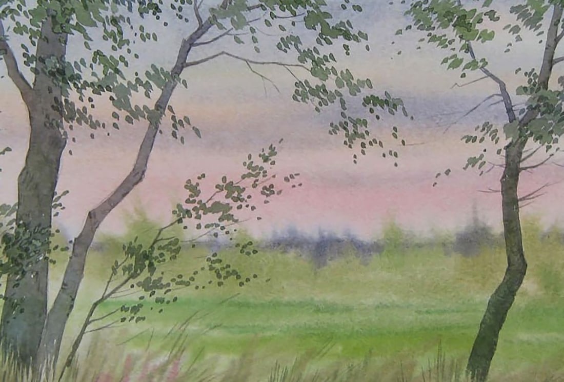 Watercolor painting Pink sunset in the field Valery Savenets - 6