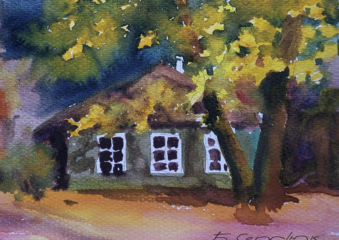 Watercolor painting Leaves at the doorstep Boris Serdyuk - 7