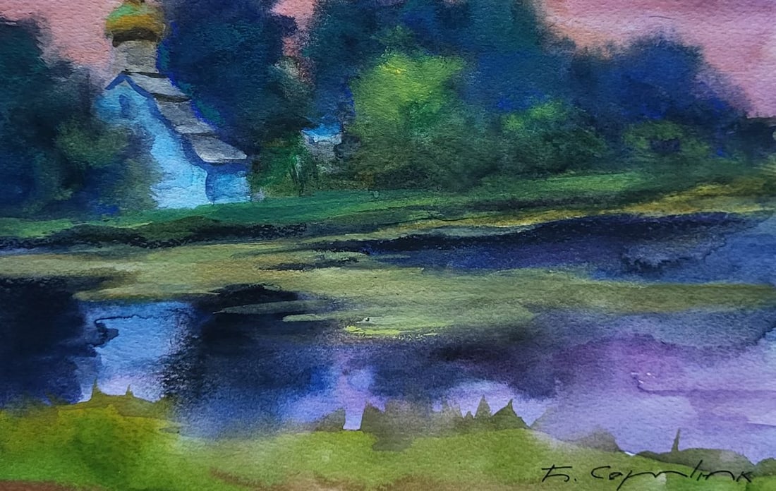 Watercolor painting Morning over the river Boris Serdyuk - 7