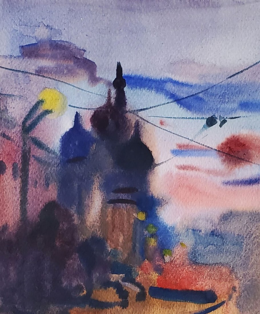 Watercolor painting Evening city Daniil Litvinov - 2