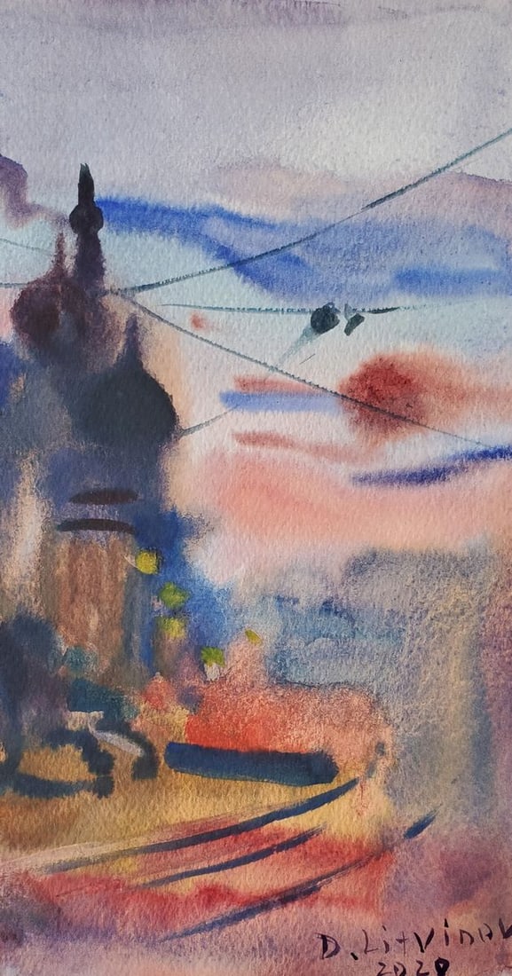Watercolor painting Evening city Daniil Litvinov - 4