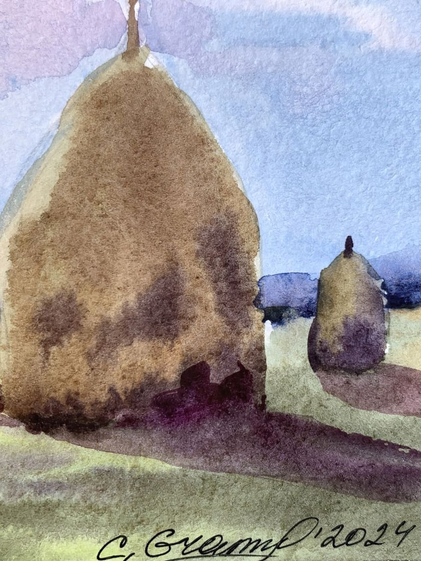 Watercolor painting Haystacks in a field Svetlana Gramm - 10
