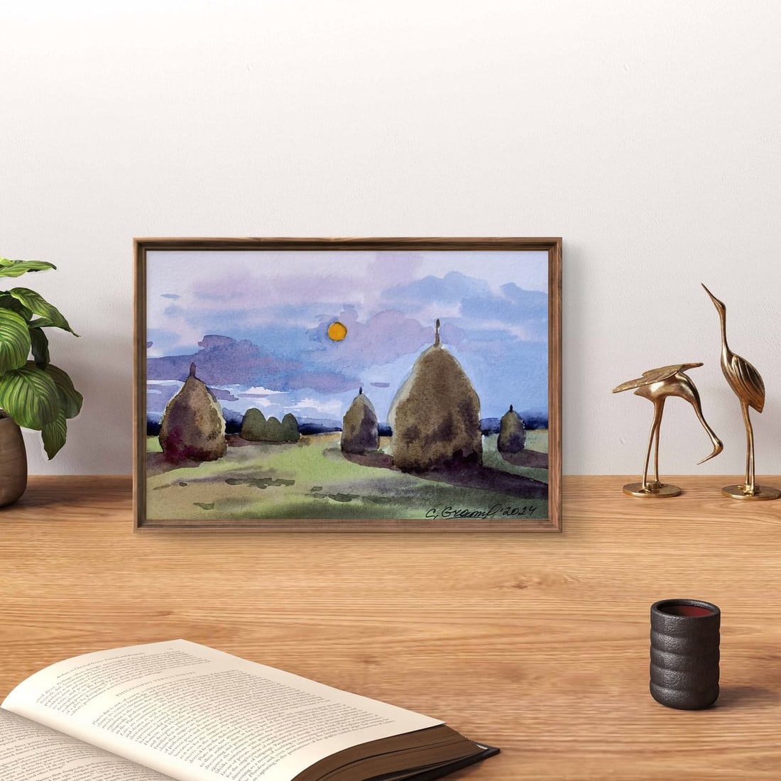 Watercolor painting Haystacks in a field Svetlana Gramm - 2