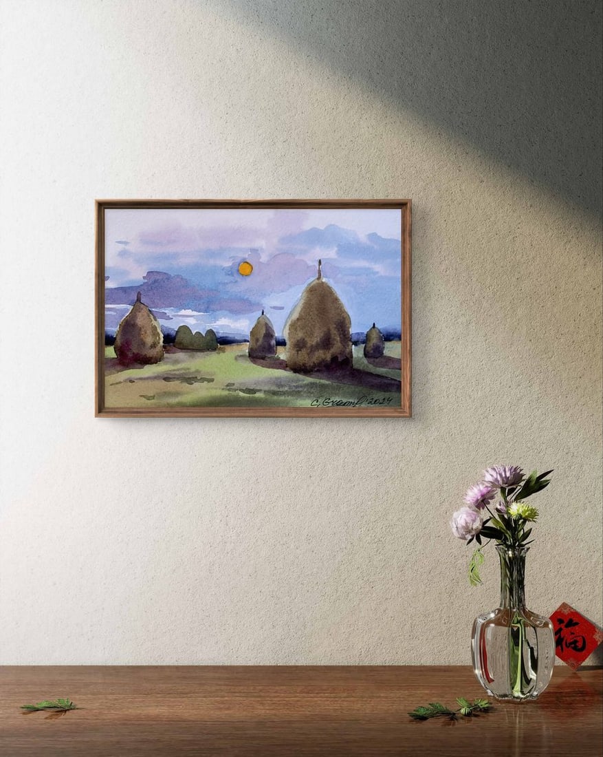 Watercolor painting Haystacks in a field Svetlana Gramm - 3