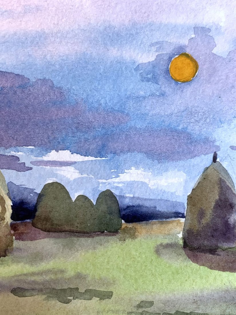 Watercolor painting Haystacks in a field Svetlana Gramm - 5