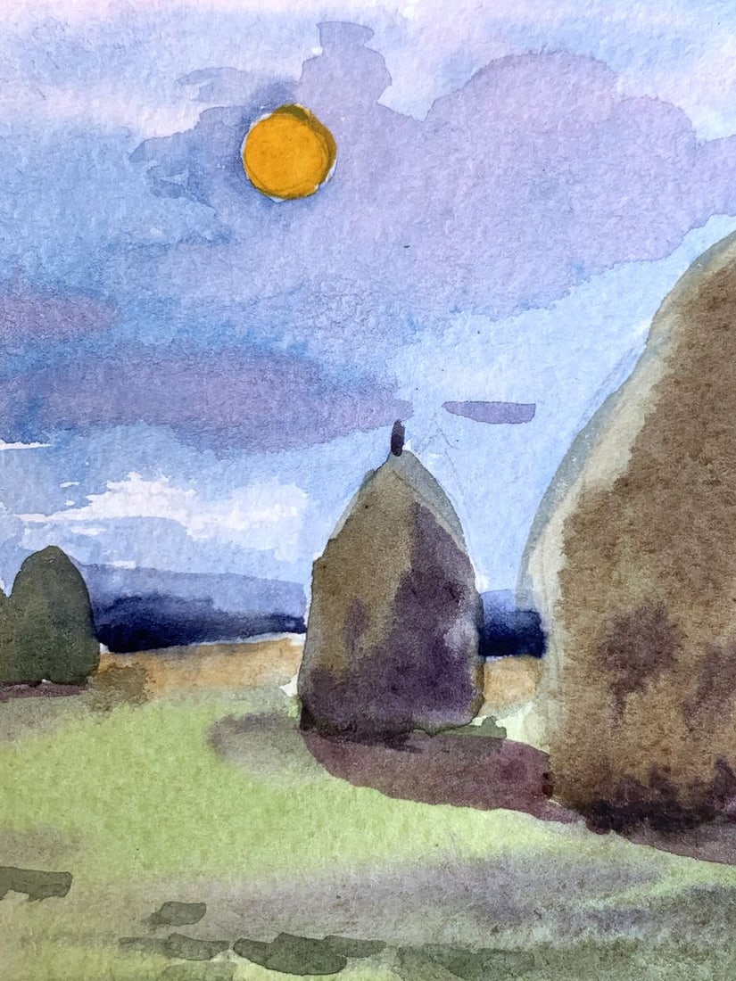 Watercolor painting Haystacks in a field Svetlana Gramm - 6