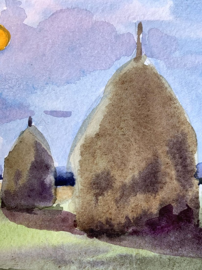 Watercolor painting Haystacks in a field Svetlana Gramm - 7