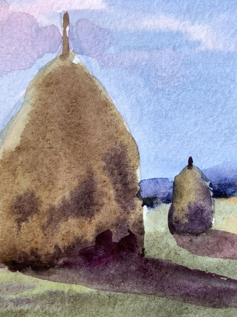 Watercolor painting Haystacks in a field Svetlana Gramm - 9