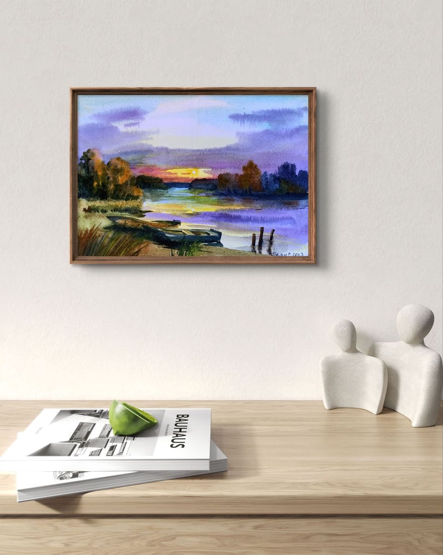 Watercolor painting Boats and sunset Svetlana Gramm - 2