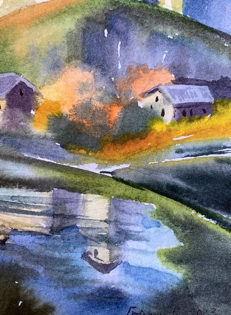 Watercolor painting Castle and village Svetlana Gramm - 11