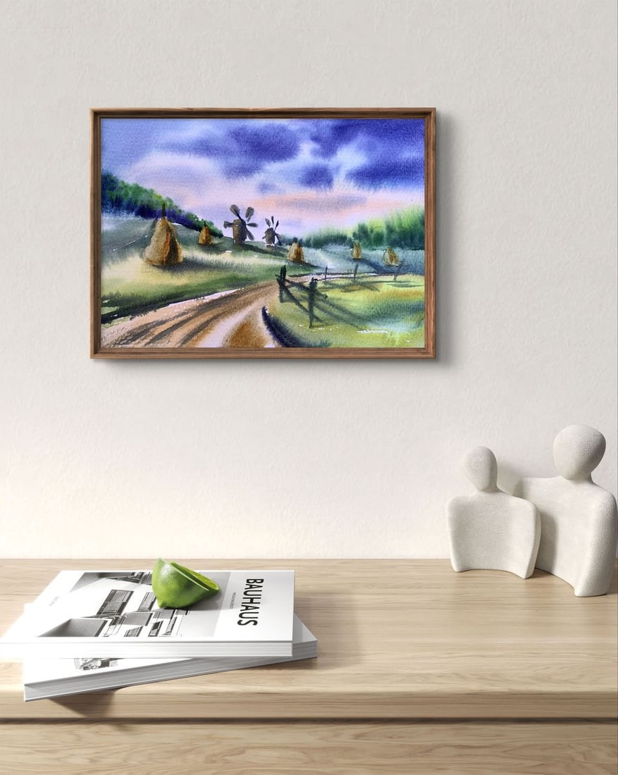 Watercolor painting Windmills and haystacks Svetlana Gramm - 2
