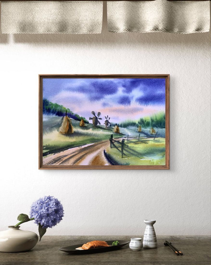 Watercolor painting Windmills and haystacks Svetlana Gramm - 3