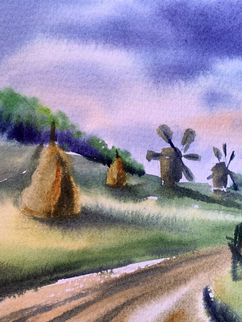 Watercolor painting Windmills and haystacks Svetlana Gramm - 4