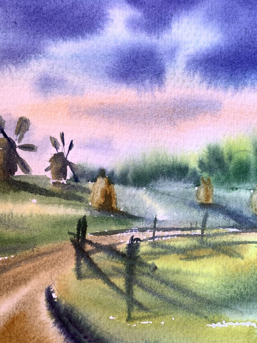 Watercolor painting Windmills and haystacks Svetlana Gramm - 6