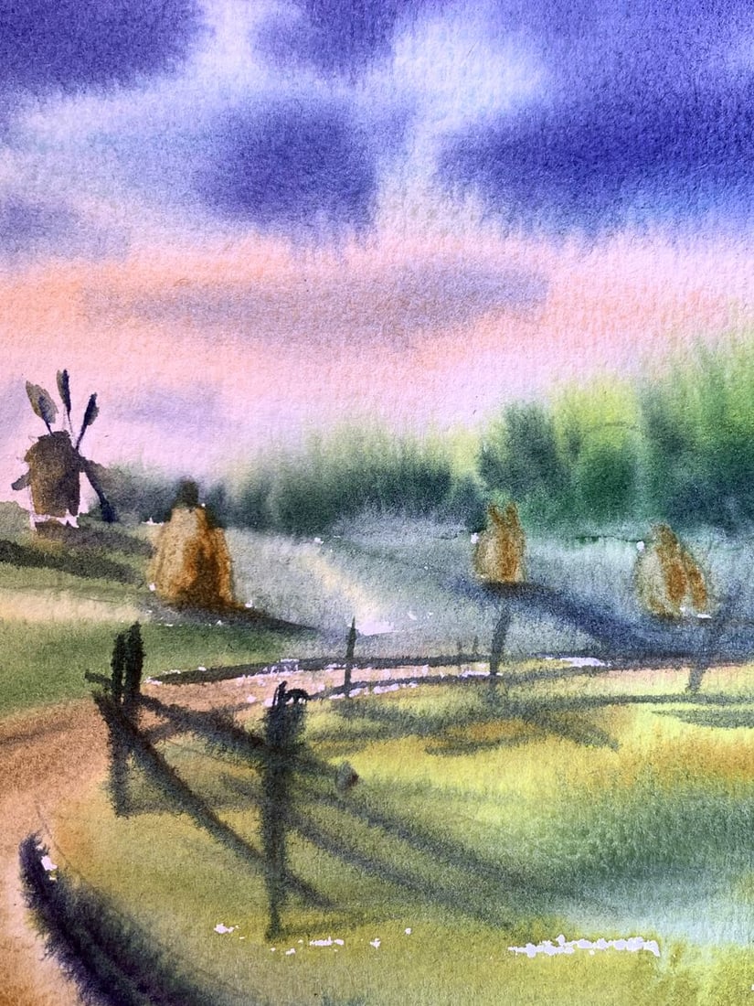Watercolor painting Windmills and haystacks Svetlana Gramm - 7