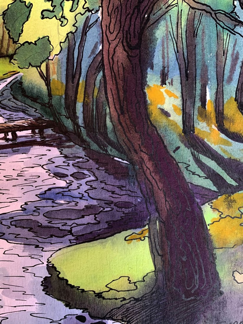 Watercolor painting Waterfall in the forest Svetlana Gramm - 10