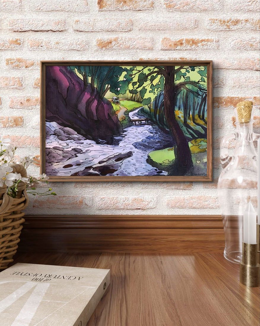 Watercolor painting Waterfall in the forest Svetlana Gramm - 3