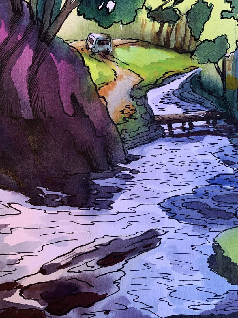 Watercolor painting Waterfall in the forest Svetlana Gramm - 7