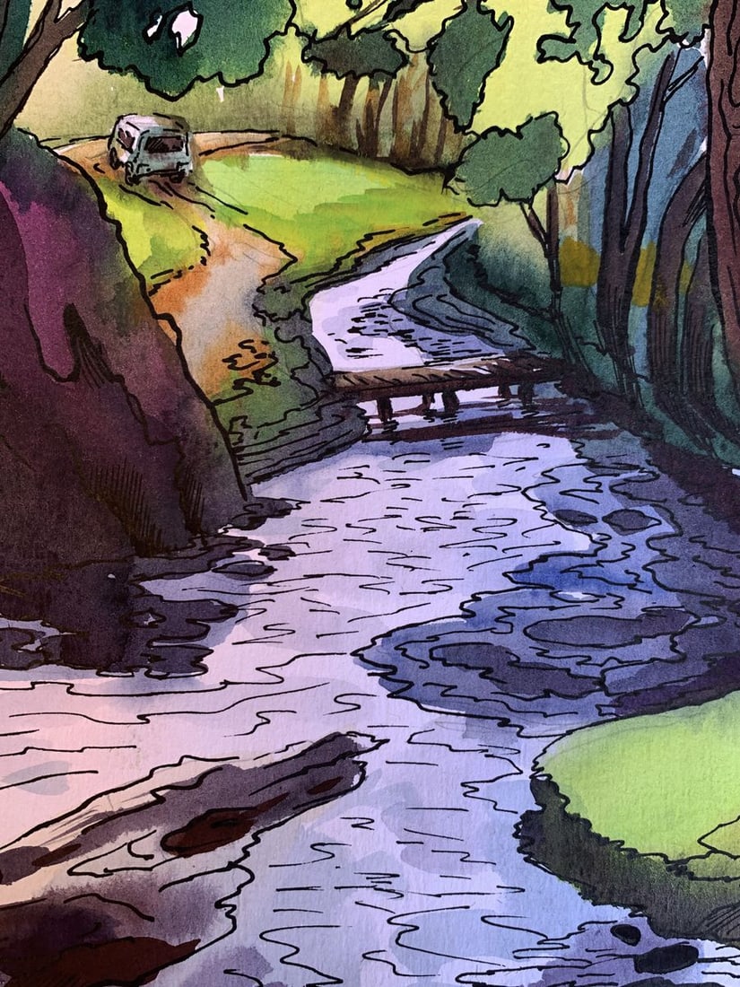 Watercolor painting Waterfall in the forest Svetlana Gramm - 8