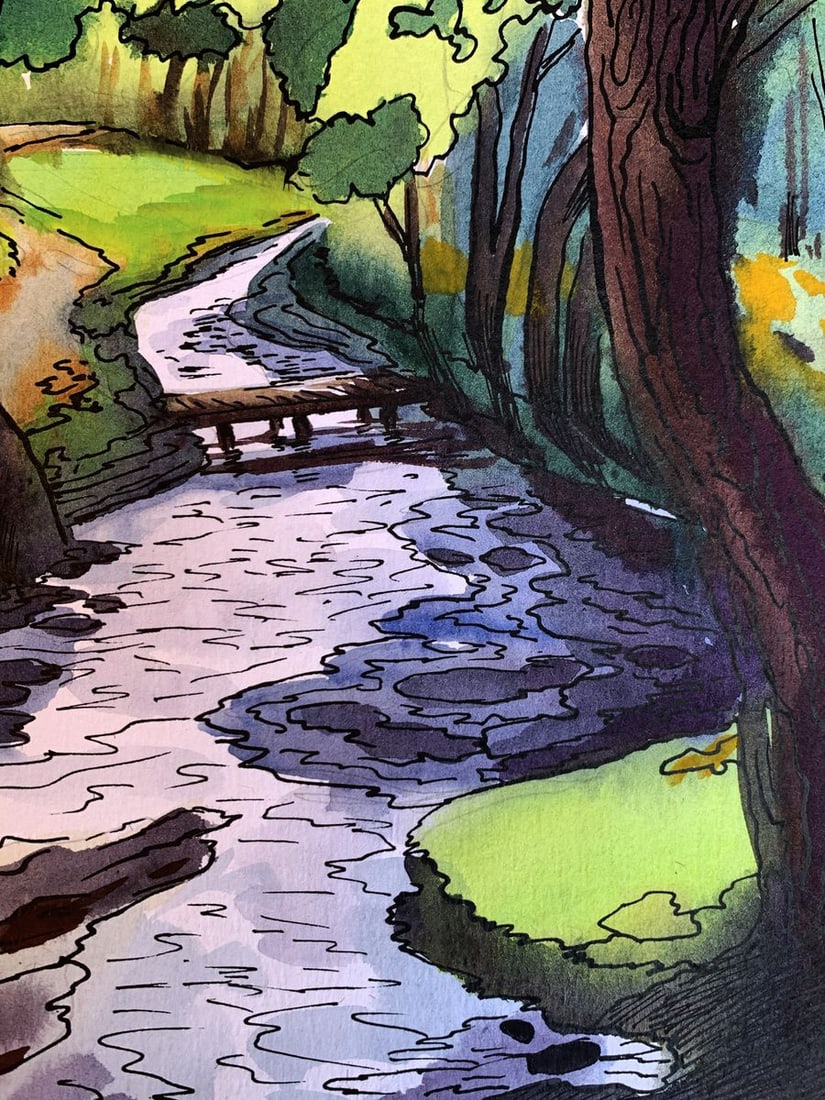 Watercolor painting Waterfall in the forest Svetlana Gramm - 9