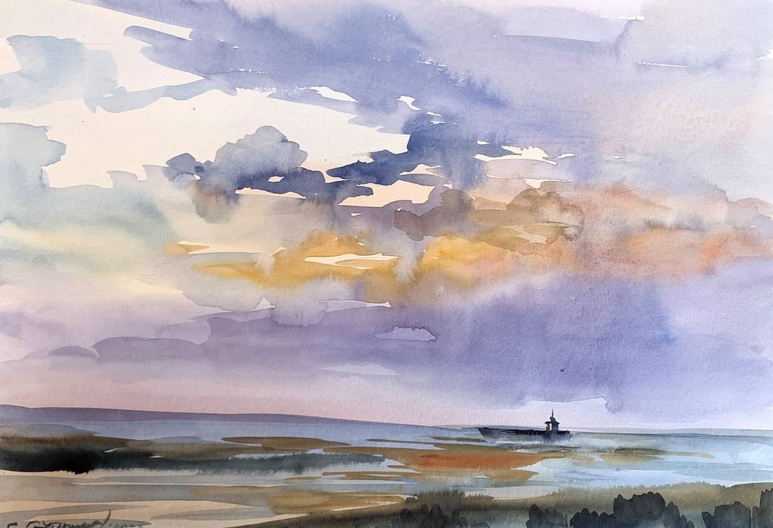 Watercolor painting Sunset sun in the sea Svetlana Gramm (1 of 12)