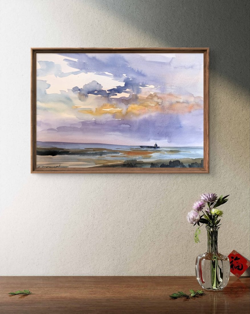 Watercolor painting Sunset sun in the sea Svetlana Gramm - 3