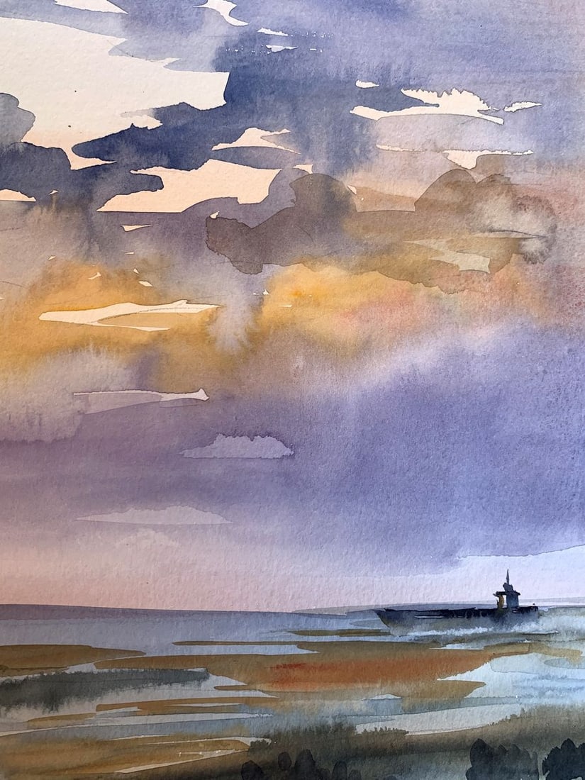 Watercolor painting Sunset sun in the sea Svetlana Gramm - 8