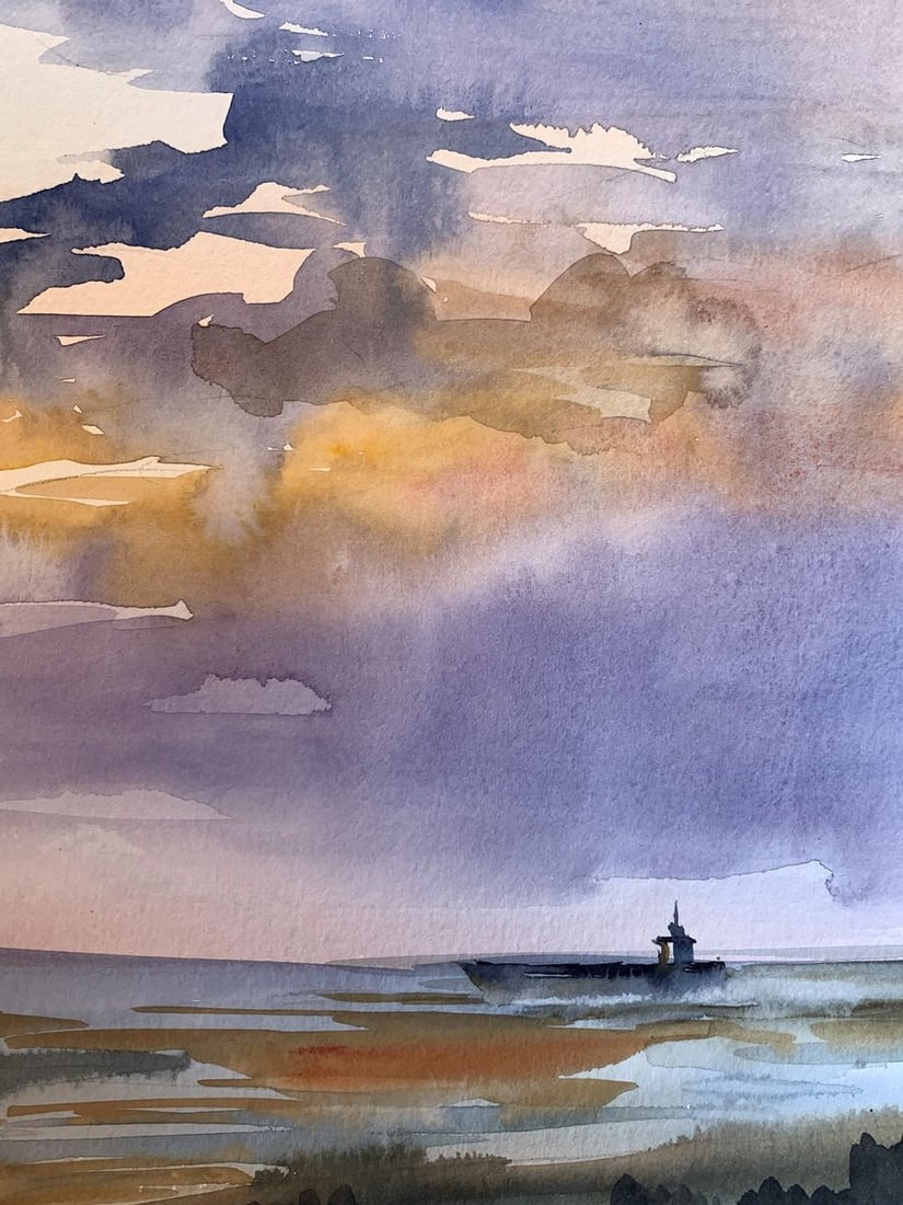 Watercolor painting Sunset sun in the sea Svetlana Gramm - 9
