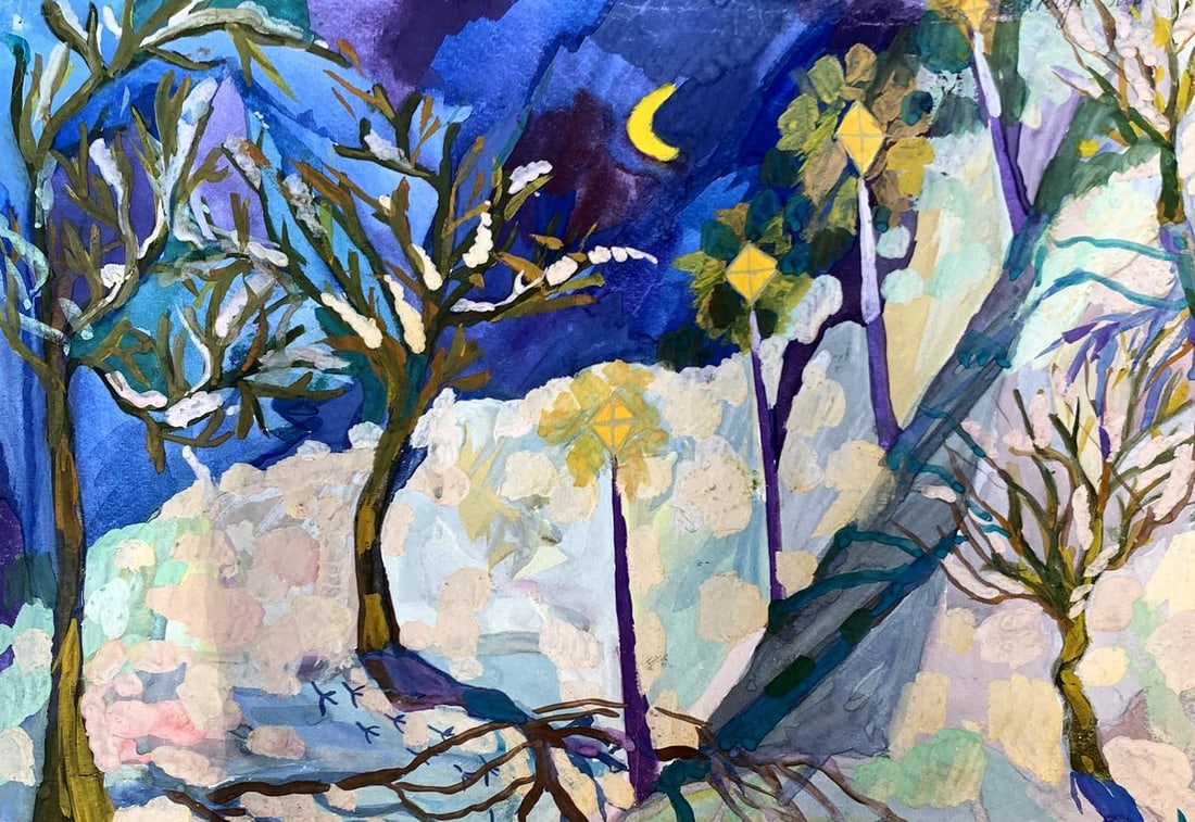 Gouache painting Winter evening in the park Ivanna Yanchuk (1 of 12)