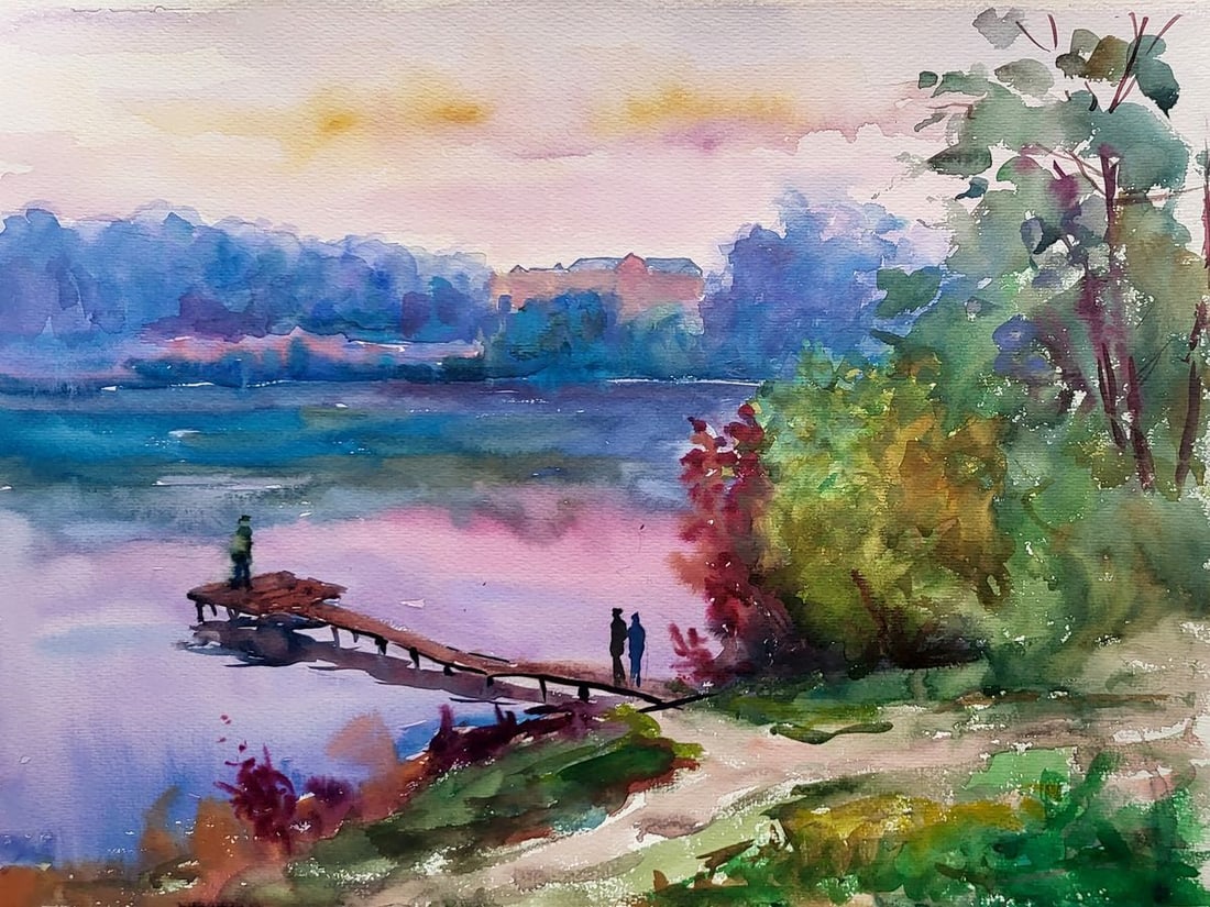 Watercolor painting Evening by the reservoir Serdyuk Boris Petrovich: Title: Watercolor painting Evening by the reservoir Serdyuk Boris Petrovich Description: NoSERB 937This evocative watercolor painting, titled "Evening by the Reservoir," captures a serene moment at