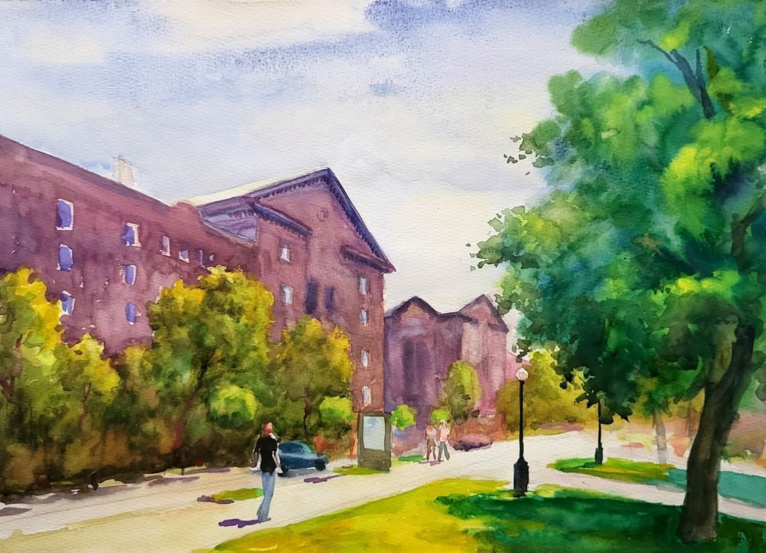 Watercolor painting Street in Kremenchuk Serdyuk Boris Petrovich: Title: Watercolor painting Street in Kremenchuk Serdyuk Boris Petrovich Description: NoSERB 939"Street in Kremenchuk" captures a serene moment on an urban road within the city of Kremenchuk, Ukraine.