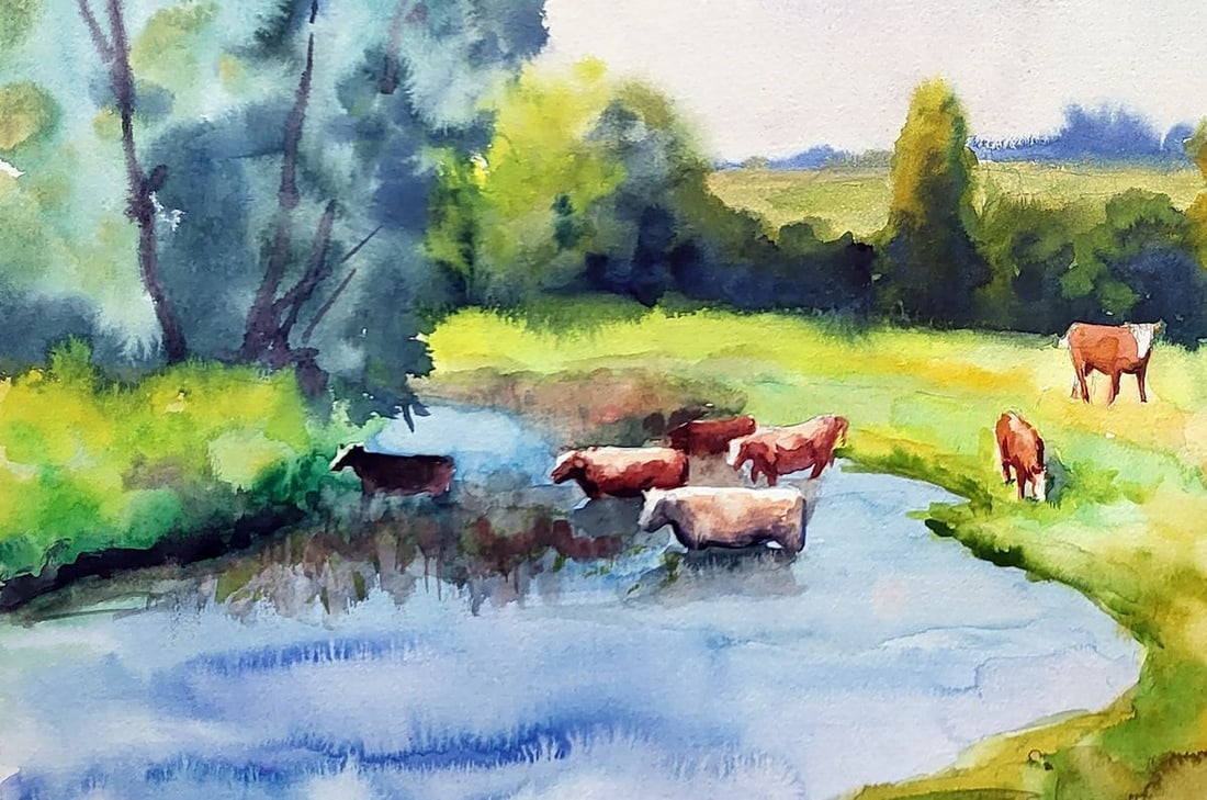 Watercolor painting At watering holes Serdyuk Boris Petrovich - 4