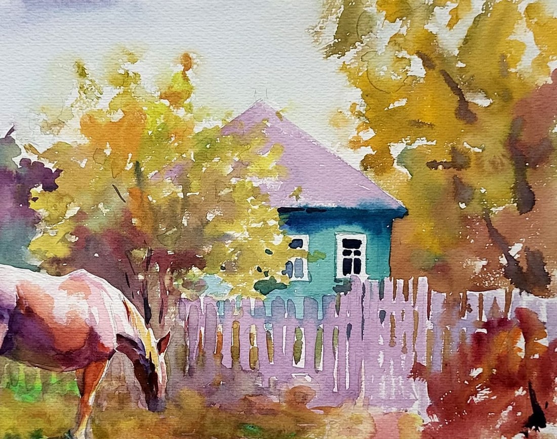 Watercolor painting Rural landscape with a mare Serdyuk Boris Petrovich - 3