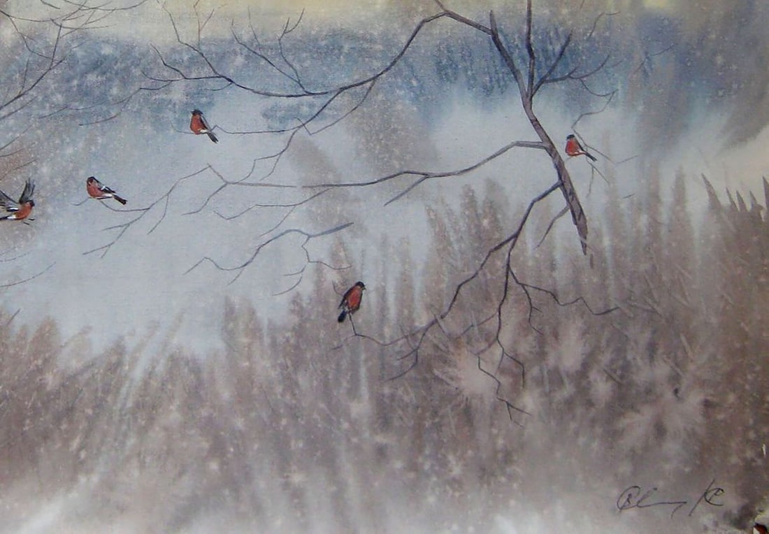 Watercolor painting Bullfinches Kalebets Valery - 5