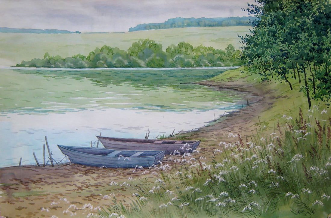 Watercolor painting Near the river. Boats Kalebets Valery (1 of 5)
