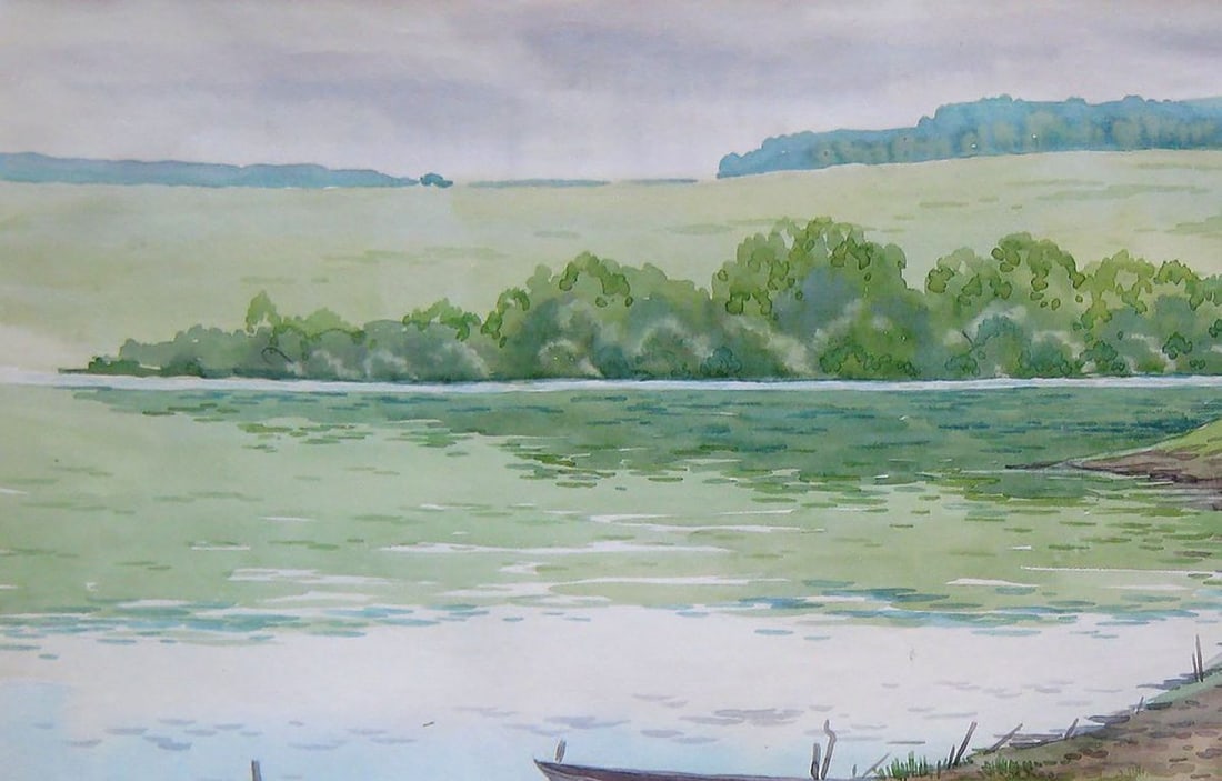 Watercolor painting Near the river. Boats Kalebets Valery - 2