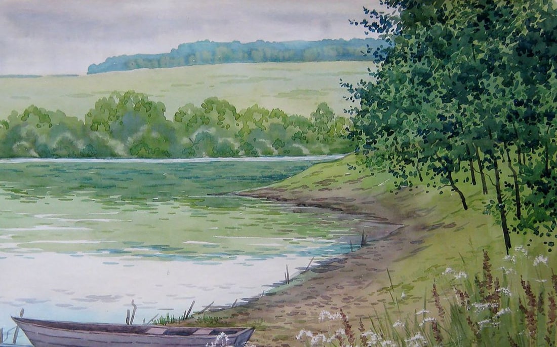 Watercolor painting Near the river. Boats Kalebets Valery - 3