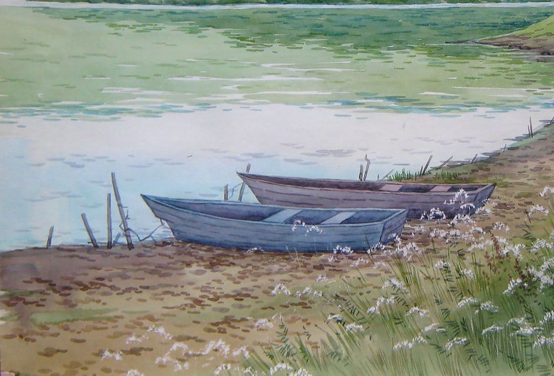 Watercolor painting Near the river. Boats Kalebets Valery - 4