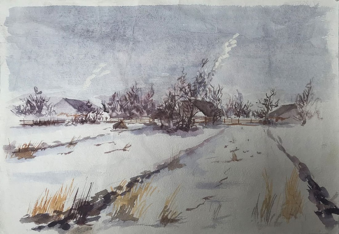 Watercolor painting Winter in the village Unknown artist (1 of 11)