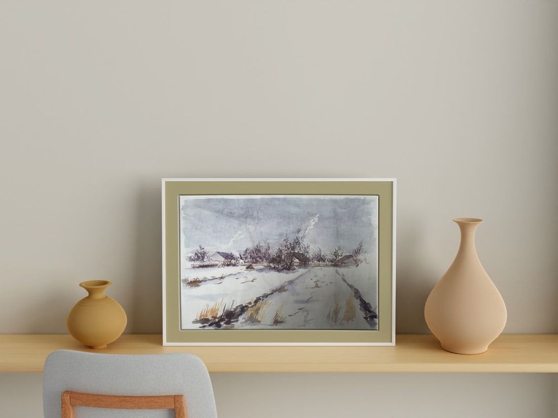 Watercolor painting Winter in the village Unknown artist - 3