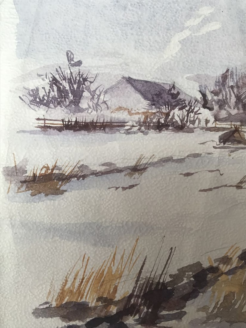 Watercolor painting Winter in the village Unknown artist - 5