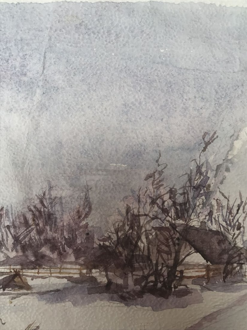 Watercolor painting Winter in the village Unknown artist - 6