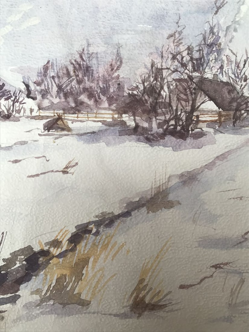 Watercolor painting Winter in the village Unknown artist - 7
