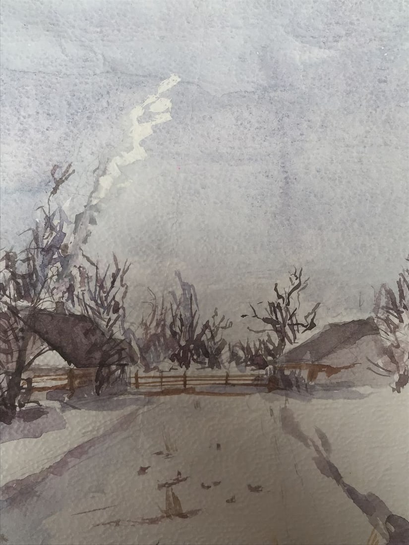 Watercolor painting Winter in the village Unknown artist - 8