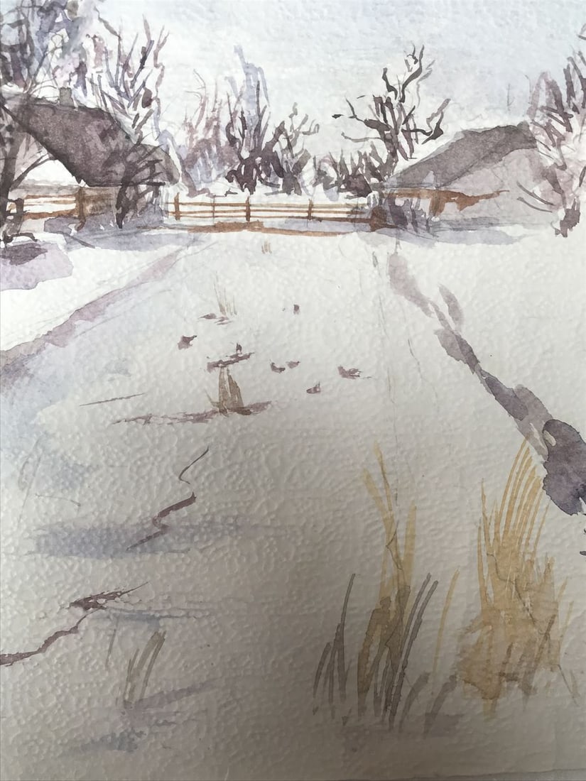 Watercolor painting Winter in the village Unknown artist - 9